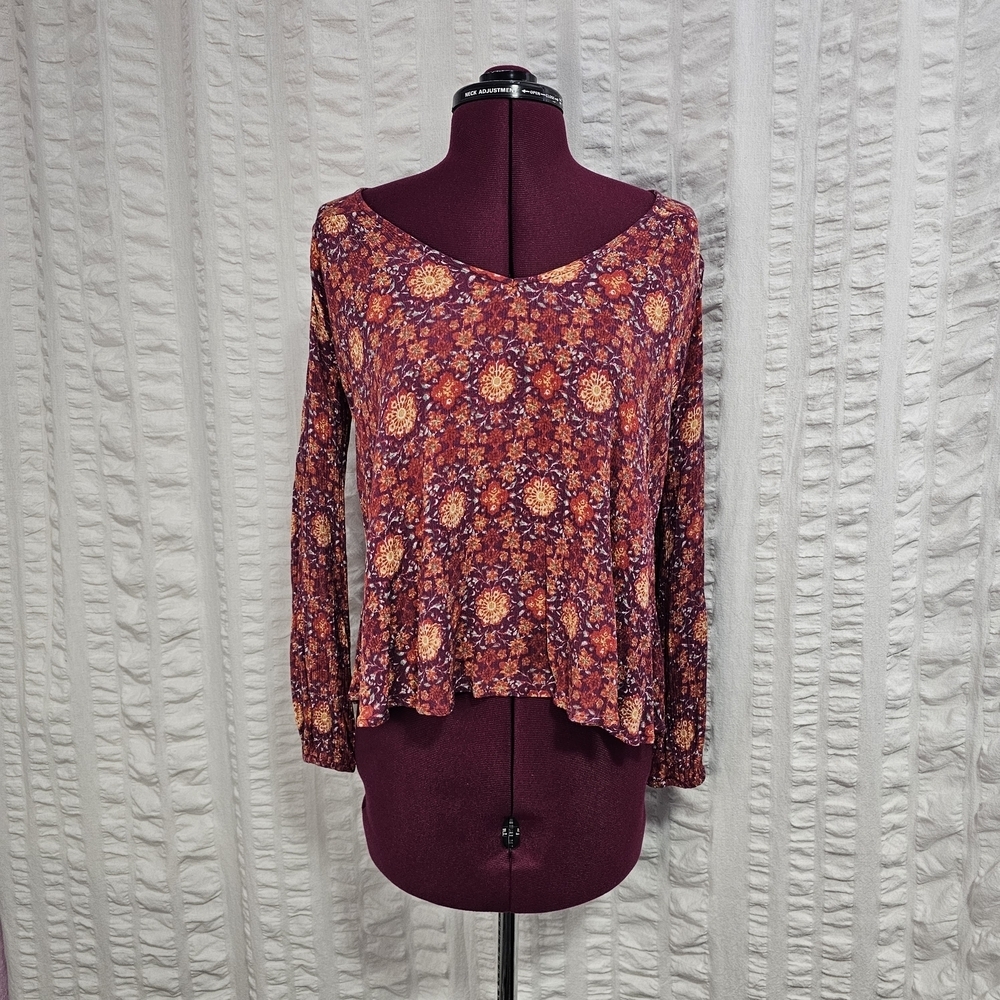 Gypsies & Moondust Boho Prairie Red and Orange Floral Blouse Top